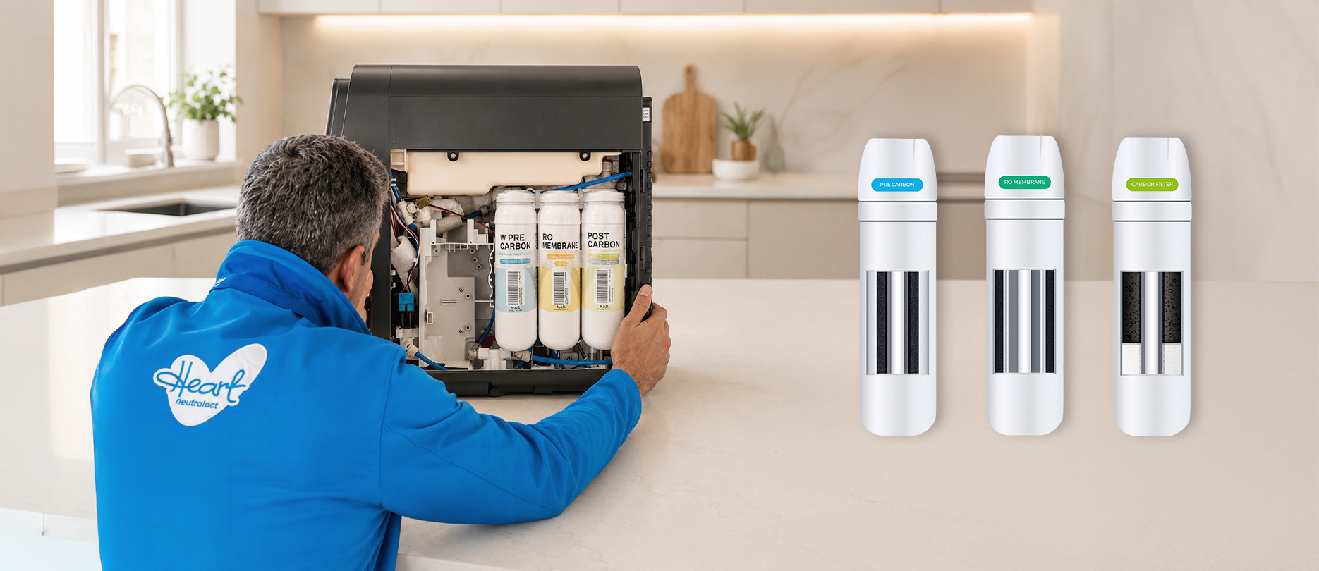 Técnico Neutratech a substituir os filtros: Pré-carbono, Membrana de Osmose Inversa e Pós-carbono